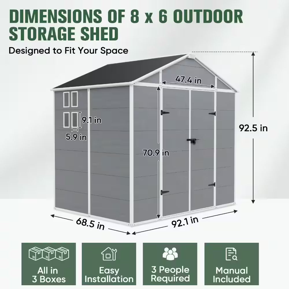 8X6 FT Resin Storage Shed, Outdoor Waterproof Tool Shed with Reinforced Floor, Lockable Door, Window & Vent for Backyard
