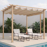 10 Ft. X 10 Ft. Wood Grain Aluminum Outdoor Pergola with Beige Retractable Sun Shade Canopy