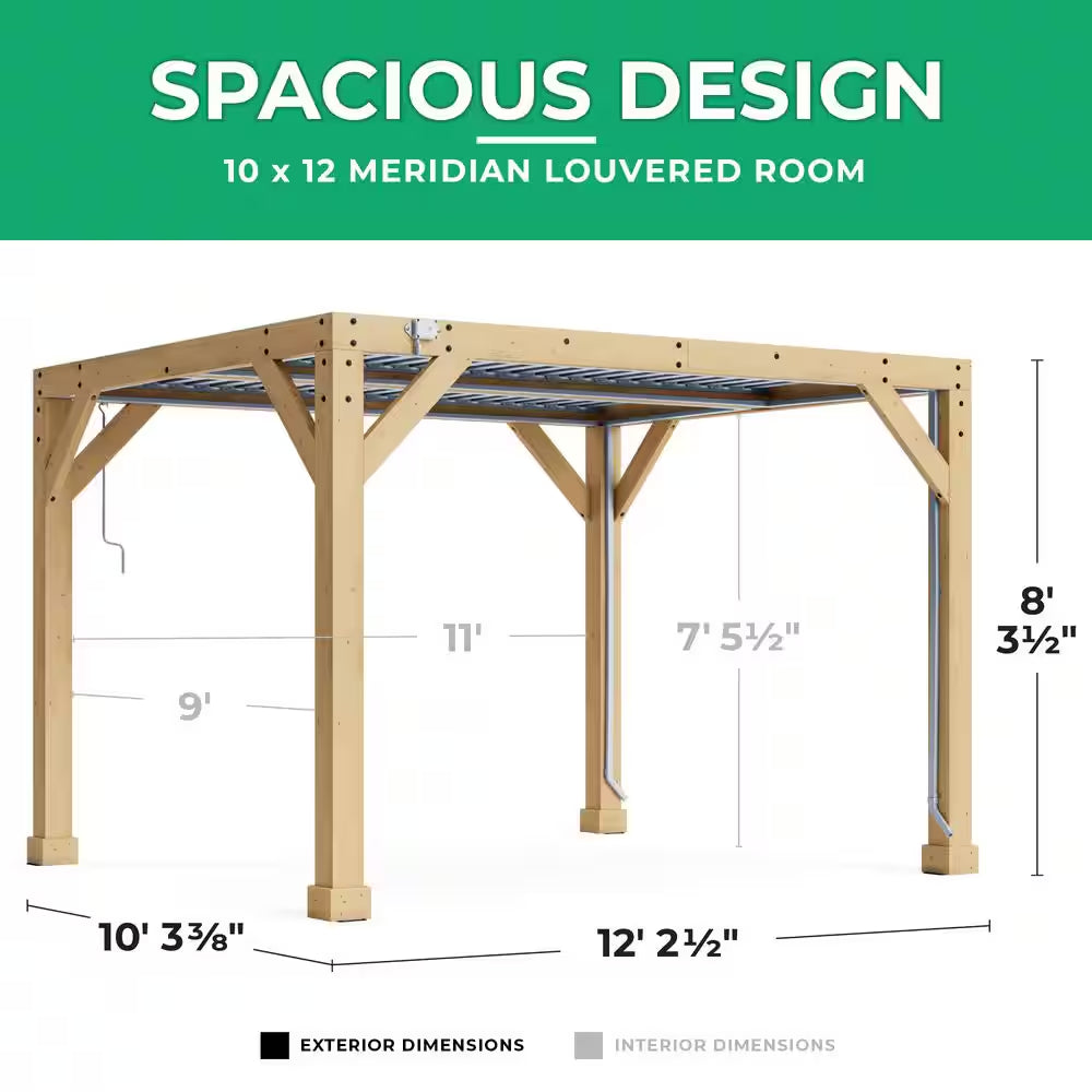 Meridian 10 Ft. X 12 Ft. Premium Cedar Patio Shade Pergola with Gray Louvered Roof Panels and Built-In Gutter System