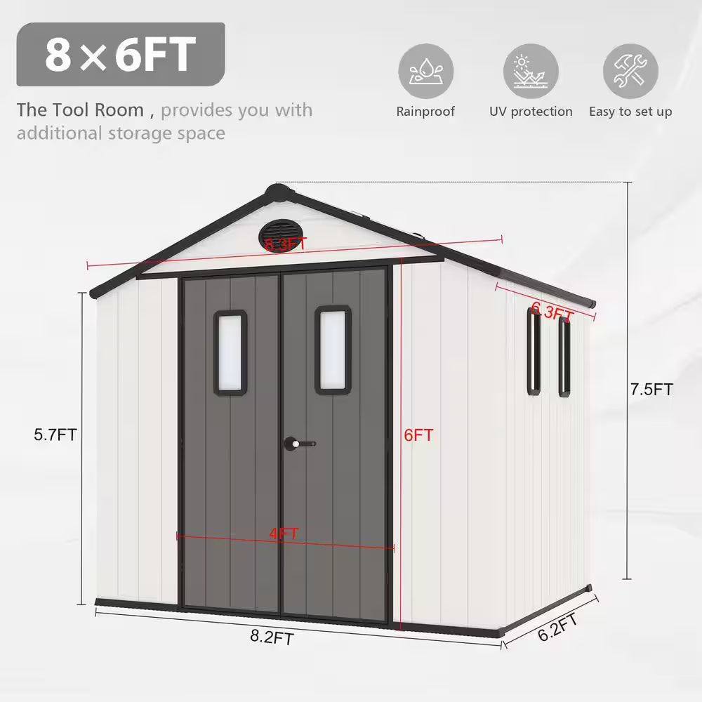 8 Ft. W X 6 Ft. D Outdoor Storage Resin Garden Shed for Backyard Outdoor (48 Sq. Ft. )