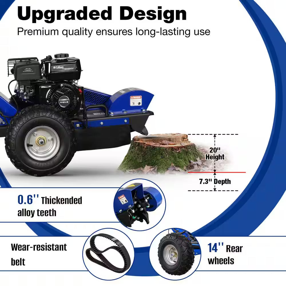 14 In. 7HP Gas Powered Stump Grinder with Ducar Engine 6 Alloy Cutting Teeth and Adjustable Brake Control