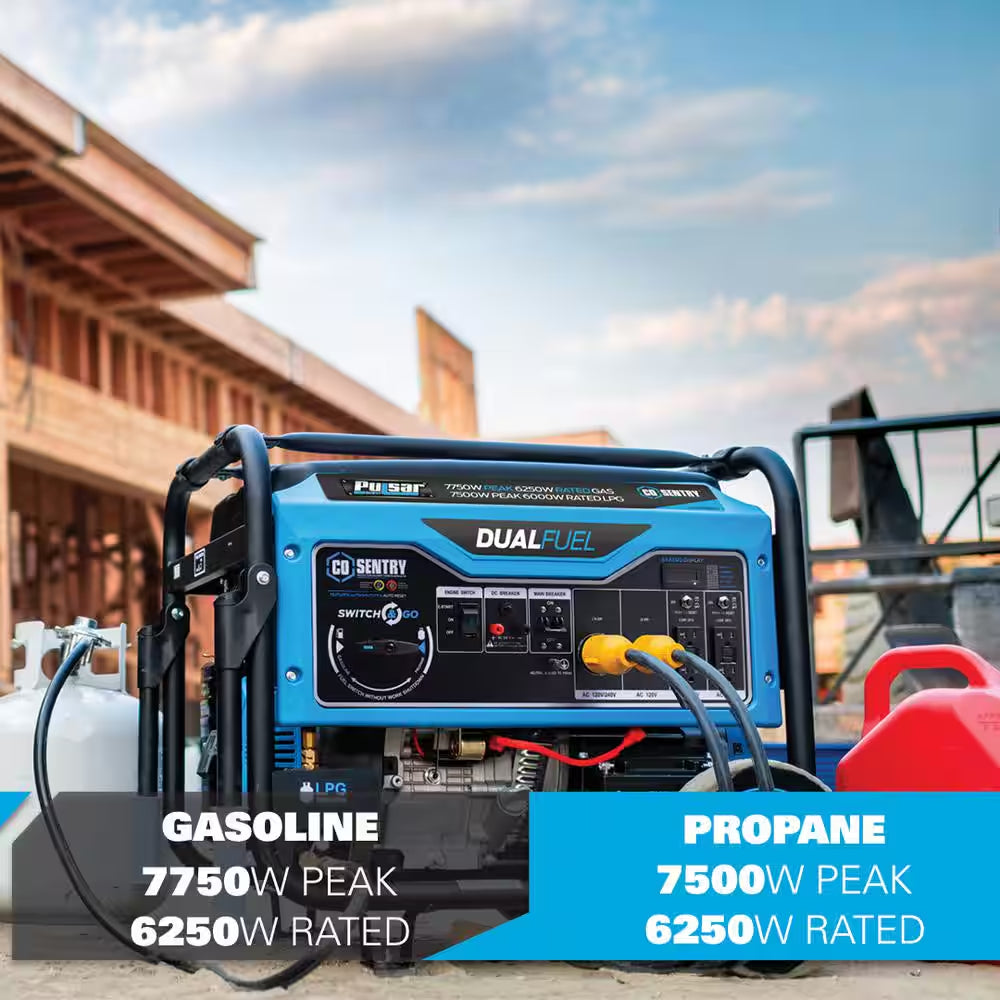 7,750/6,250 -Watt Dual-Fuel Gasoline and Propane with Push to Start Portable Home Power Generator, CO Shutoff