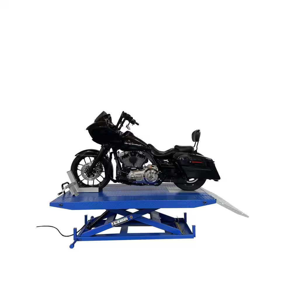 High Rise Motorcycle Lift Bench with Vise, Sides, Balance Bar, Pump 1,500 Lbs.