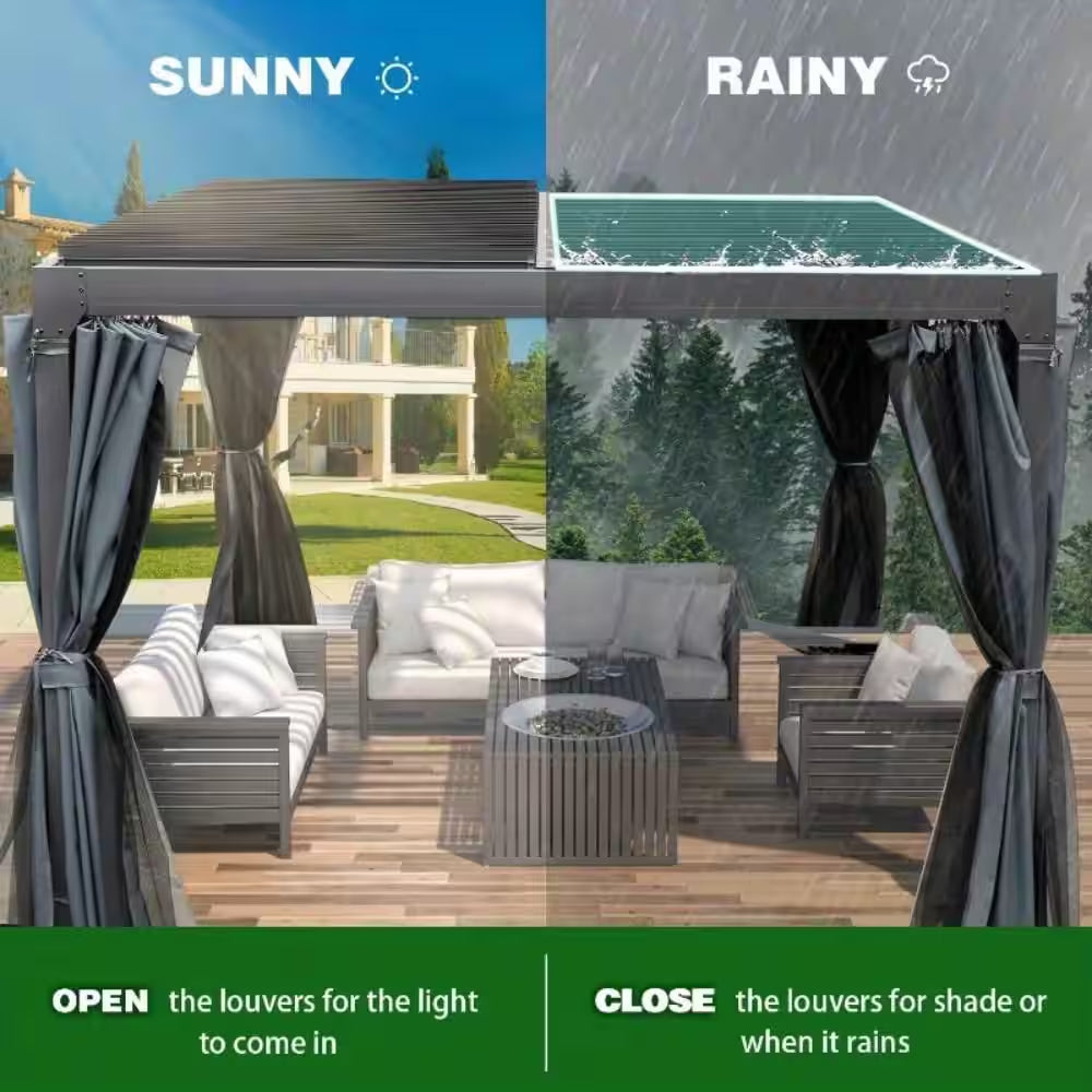 10 Ft. X 10 Ft. Outdoor Louvered Pergola with Curtains and Netting for Patio, Garden, Backyard, Dark Gray