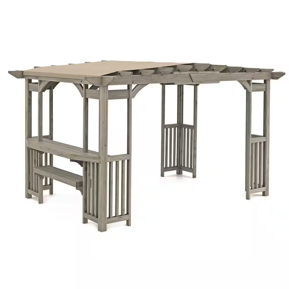 Madison 10 Ft. X 14 Ft. Timber Gray Cedar Wood Backyard Patio Pergola Including UV Sun Shade, Counter and Serving Bar