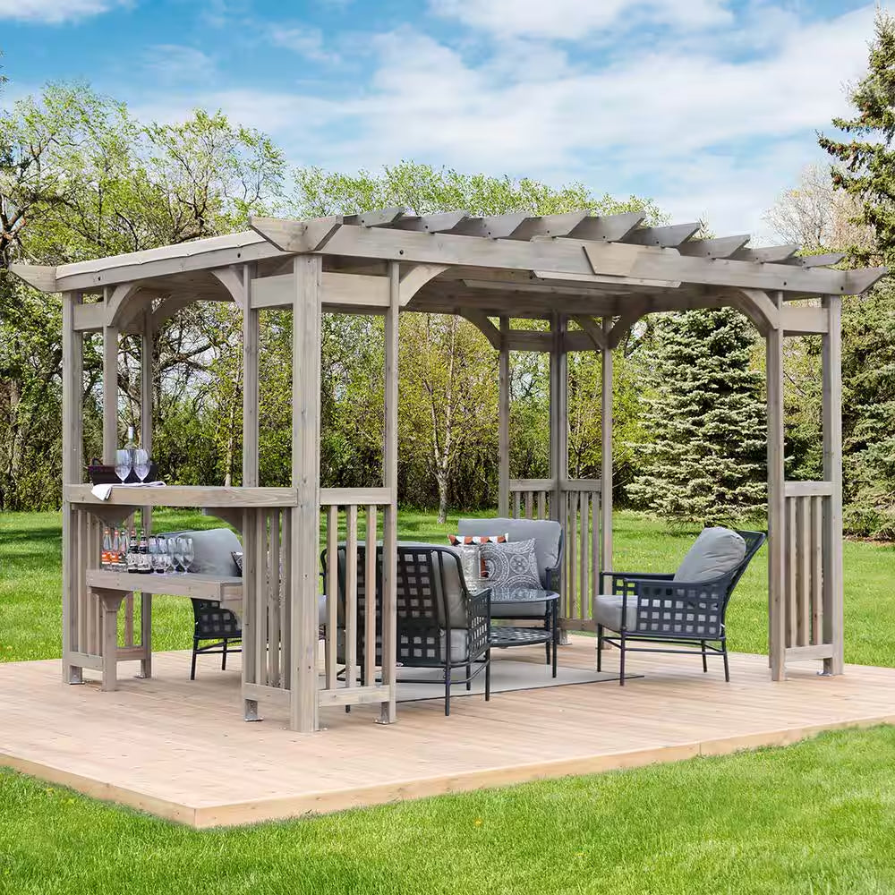 Madison 10 Ft. X 14 Ft. Timber Gray Cedar Wood Backyard Patio Pergola Including UV Sun Shade, Counter and Serving Bar