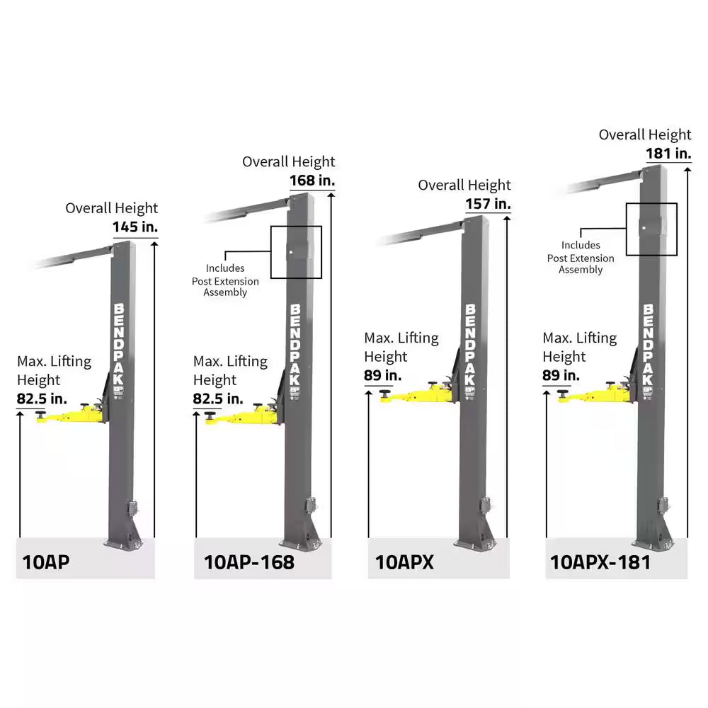 10APX-181 2-Post Vehicle Lift 10,000 Lb Capacity-Adaptable Clearfloor with Adjustable Width and 220V Power Unit Included