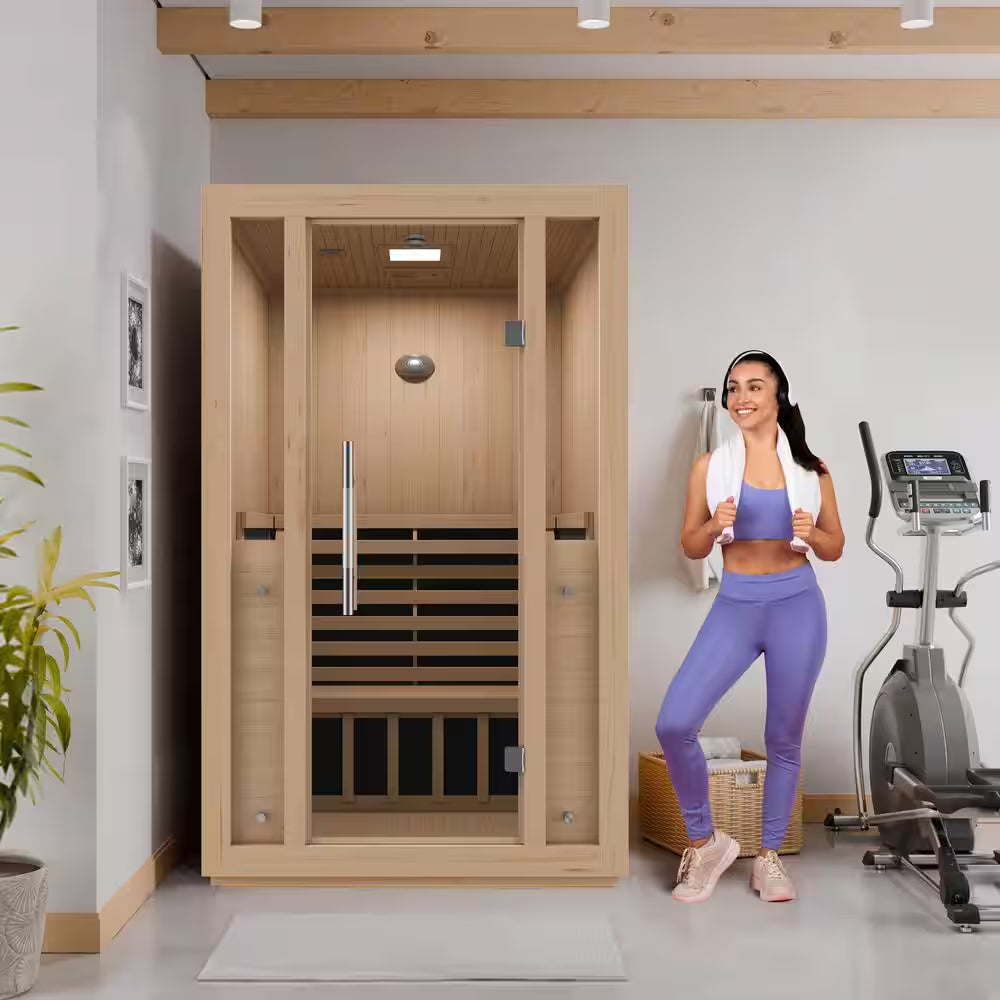 2-Person Indoor Hemlock Wood Carbon FAR Infrared Sauna with Redlight Heating Tube, Touch Control Panel and Bluetooth