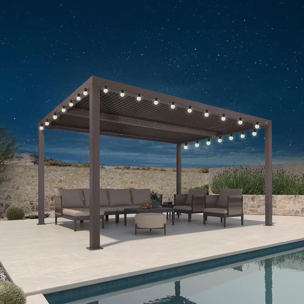 12 Ft. X 14 Ft. Bronze Aluminum Frame Outdoor Louvered Pergola with Adjustable Sunshade Roof and Solar String Lights
