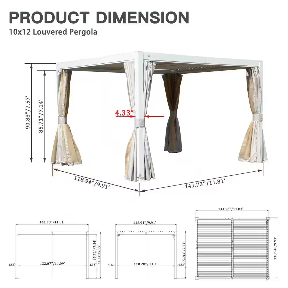 12 Ft. X 10 Ft. Aluminum Pergola with Louvered Roof and Drainage System, White