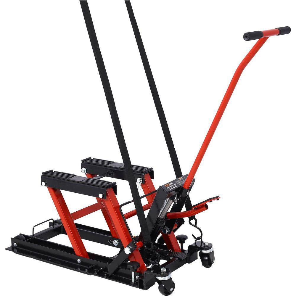 1500 LBS Capacity Red Hydraulic ATV & Motorcycle Jack with 4 Wheels, Foot-Operated Hoist Stand, Maximum Lift 15 In. H