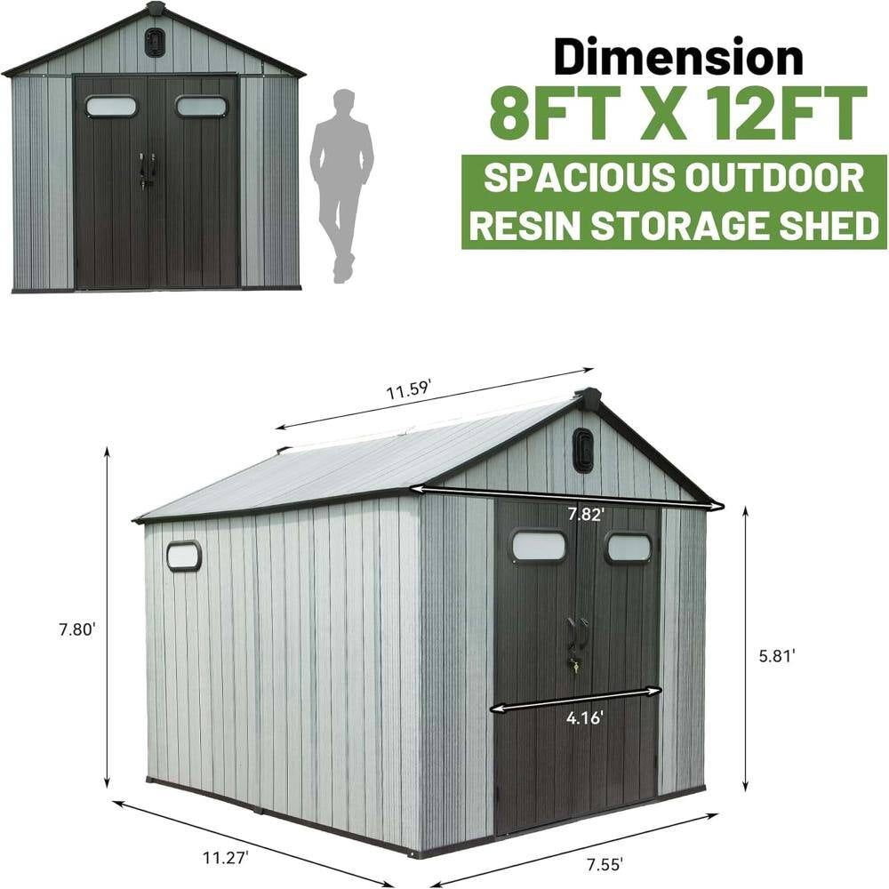 12 Ft. W X 8 Ft. D Outdoor Resin Storage Shed with Lockable Door, Waterproof outside Sheds with Windows for Patio, Grey