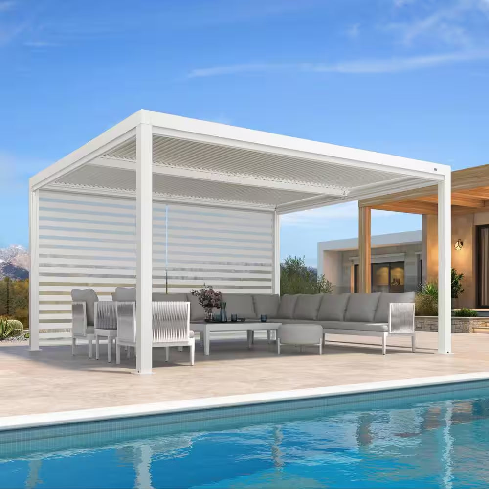 12 Ft. X 14 Ft. White Aluminum Frame Louvered Pergola with Adjustable Sunshade Roofs and 1-Long Side Roller Shades