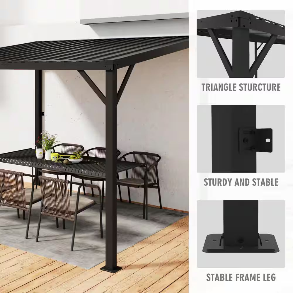 12 Ft. X 14 Ft. Outdoor Black Pergola Gazebo, Wall-Mounted Lean to Metal Awning Gazebo with Roof for Patio, Backyard