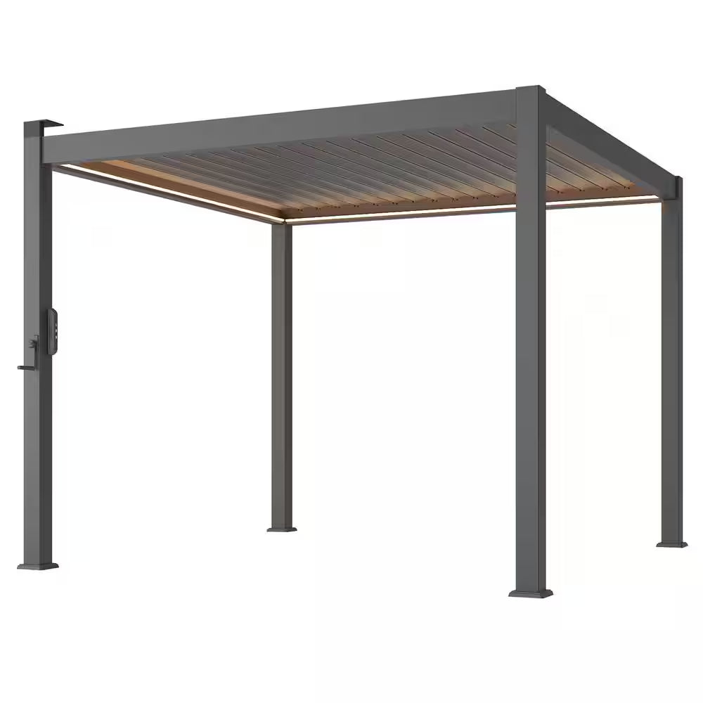 10 Ft. X 10 Ft. Modern Aluminum Pergola with Adjustable Louvers, LED Lights and Solar Charging, Charcoal Gray
