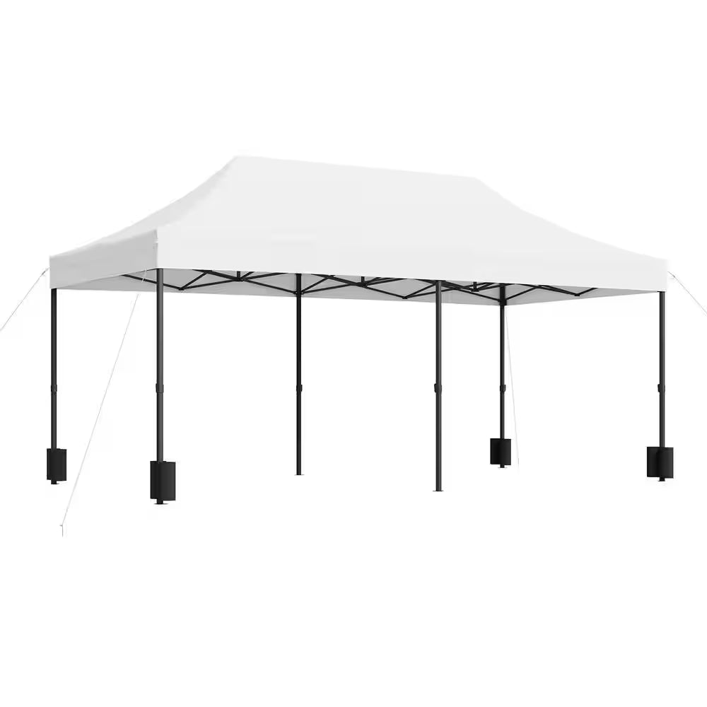 10 Ft. X 20 Ft. White Pop-Up Canopy Tent with Wind Ropes, Stakes and Sandbags, 3-Adjustable Height