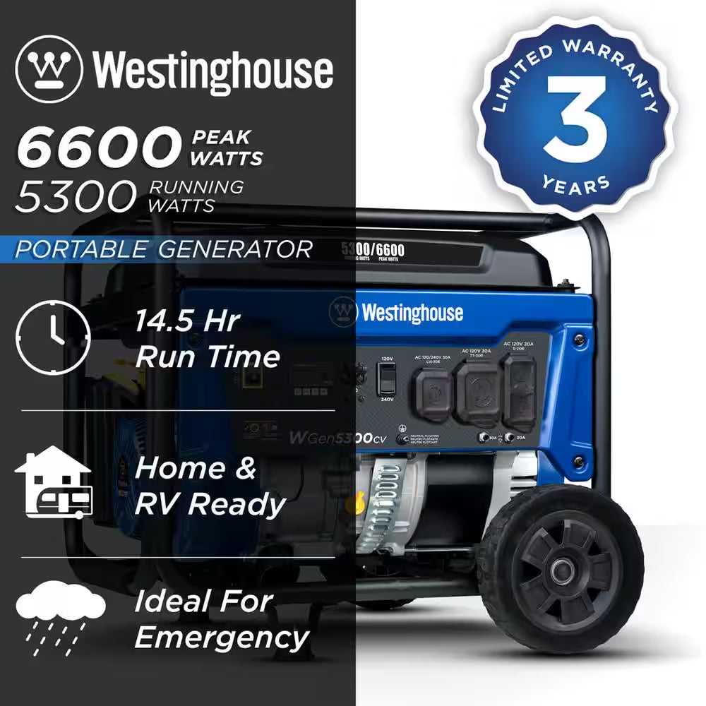 6,600/5,300-Watt Recoil Start Gas Powered Portable Generator with 30A 120/240V Outlet, CO Sensor