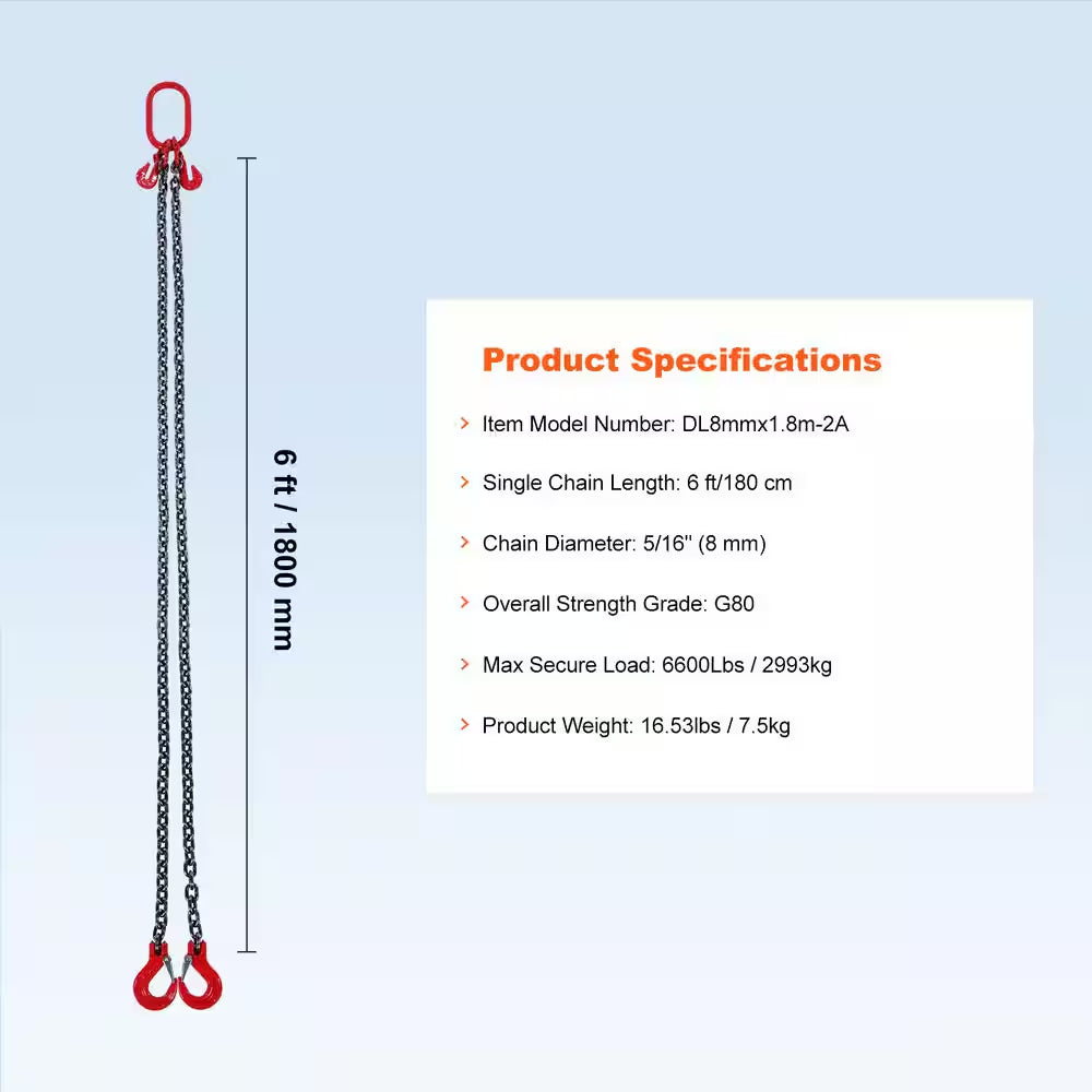Chain Sling, 5/16 In. X 6 Ft. Lifting Chains with Hooks, G80 Engine Chain Hoist Lifts, 6600 Lbs. Lifting Sling Chains