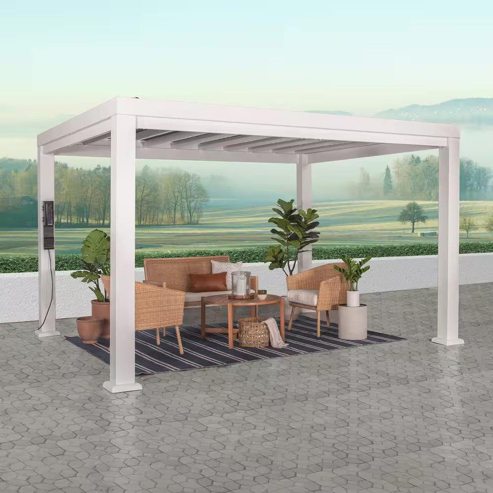 Windham 14 Ft. X 12 Ft. White Powder Coated Galvanized Steel Metal Modern Pergola W/ Sail Shade Soft Canopy and Electric