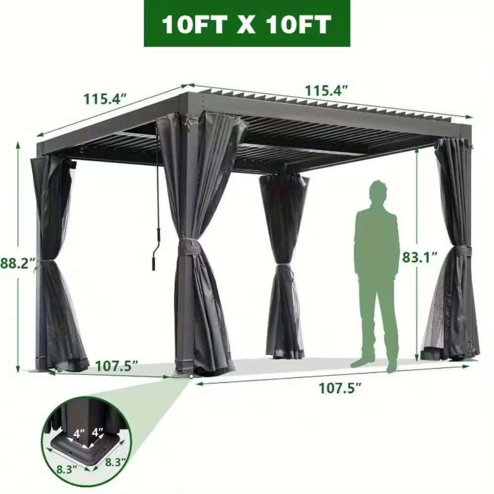 10 Ft. X 10 Ft. Outdoor Louvered Pergola with Curtains and Netting for Patio, Garden, Backyard, Dark Gray
