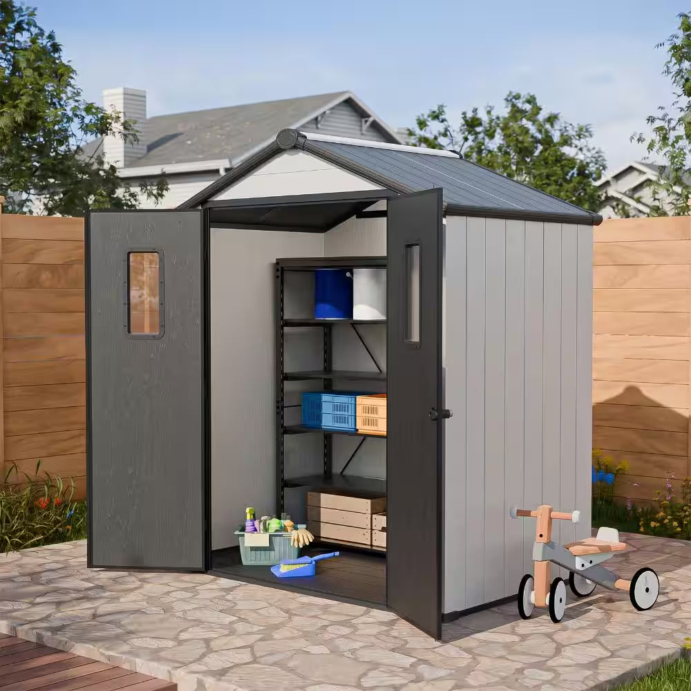 8 X 8 Ft. Gray Plastic Storage Shed Outdoor Resin Storage Cabinet Room with Lockable Door Air Vent Gable Roof for Patio