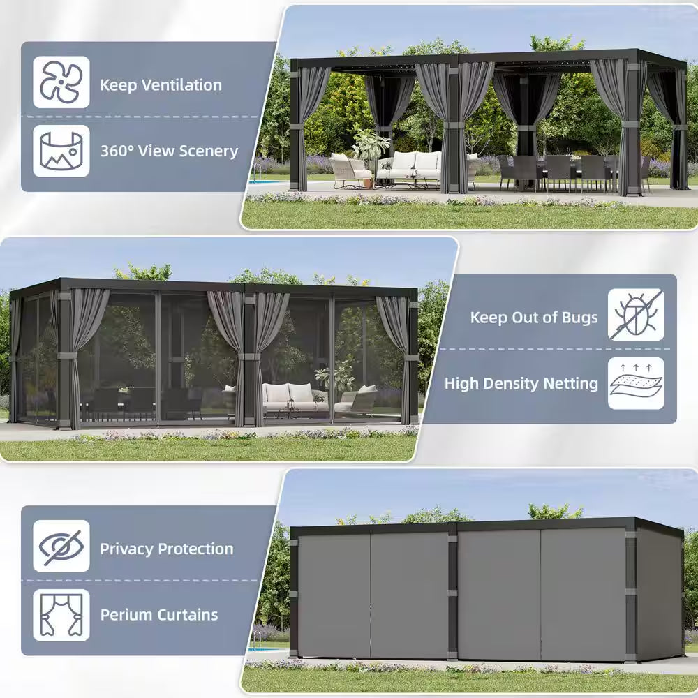 20 Ft. W X 12 Ft. D Aluminum Pergola with Adjustable Louvered Roof, Waterproof Curtains and Nets