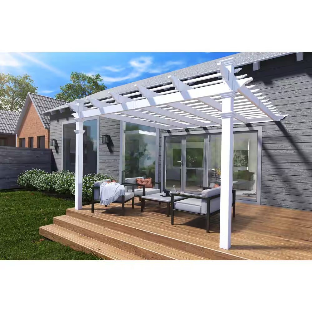 144"L X 152"W X 106"H Vinyl Freemont Attached Pergola, White, VA42044