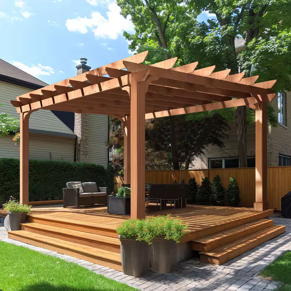 14 Ft. W X 12 Ft. D Cedar Outdoor Patio Pergola Shade Structure with Grape Trellis