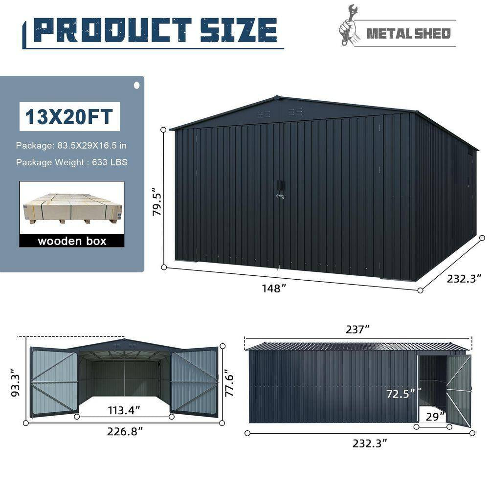 20 Ft. W X 13 Ft. D Outdoor Metal Storage Shed Utility Tool House with 2 Doors 4 Vents for Car Truck Gray (252 Sq. Ft.)