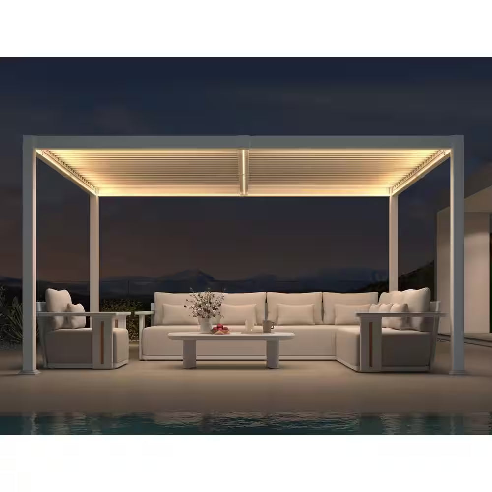 10 Ft. X 14 Ft. White Aluminum Outdoor Louvered Pergola with Individual Adjustable Sunshade Roofs and LED Lights