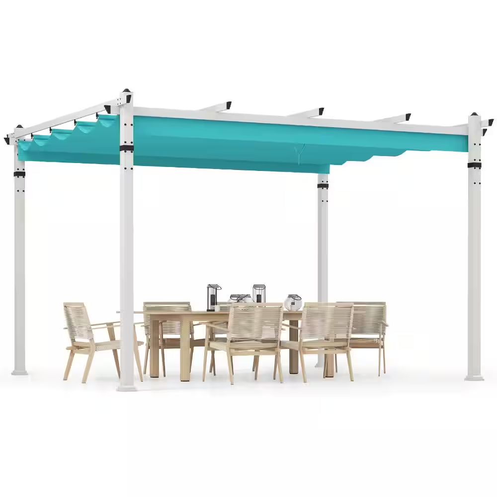12 Ft. X 10 Ft. Aluminum Patio Pergola with Retractable Polyester Canopy and Locking Hooks, Turquoise