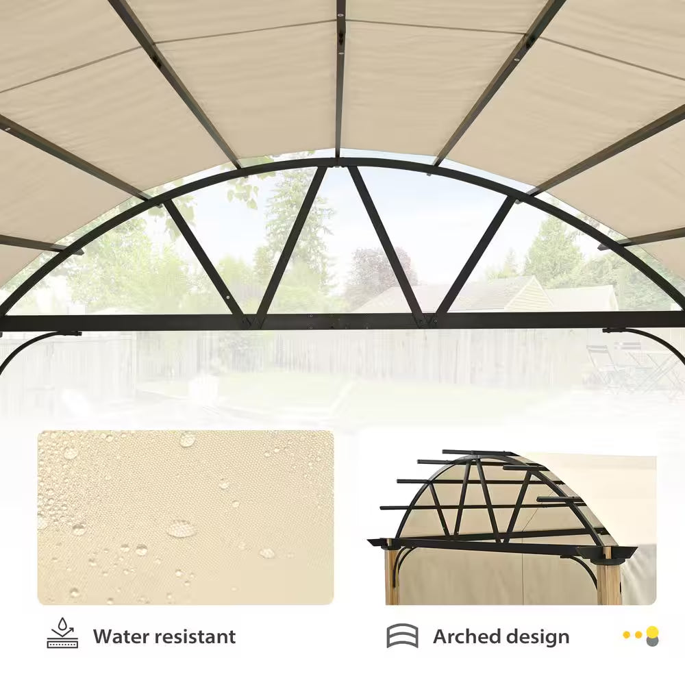 10 Ft. X 13 Ft. Aluminum Outdoor Pergola with Wood Grain Finish, Arched Canopy and Beige Retractable Shade