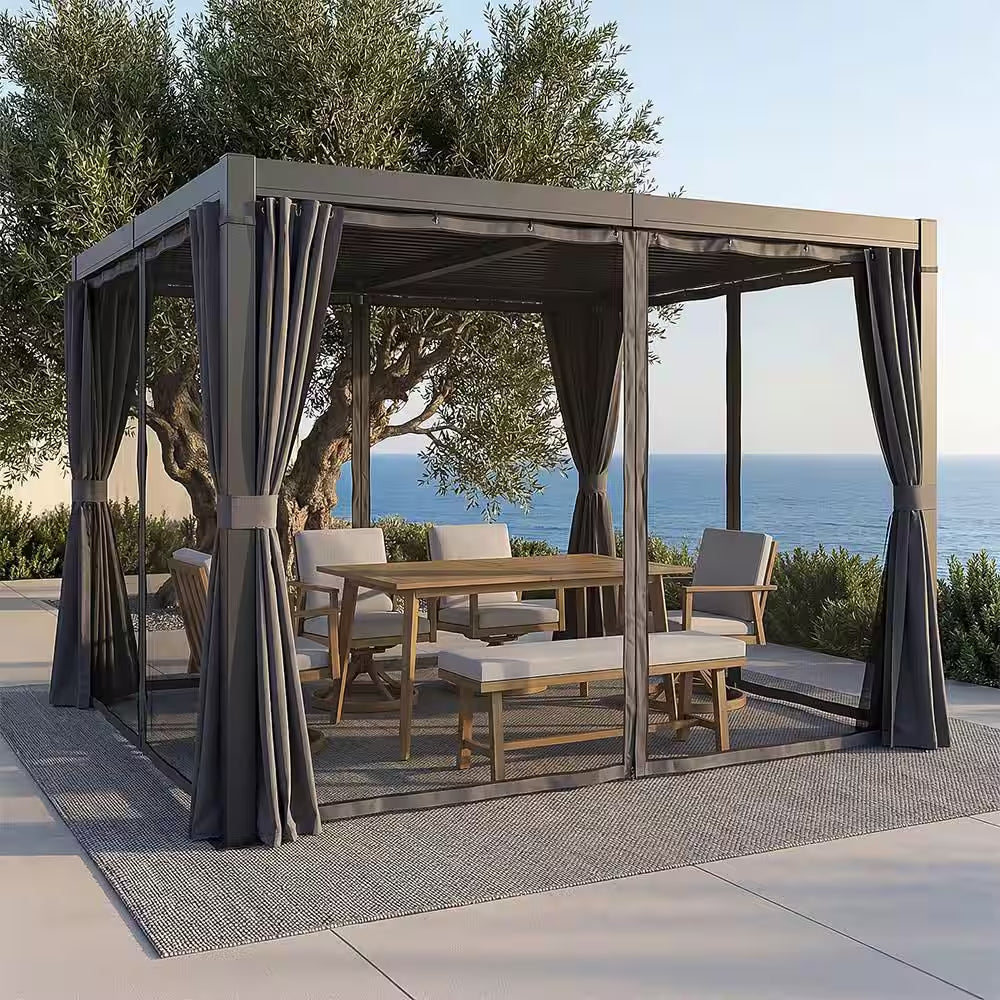 10 Ft. X 12 Ft. Grey All-Aluminum Outdoor Louvered Pergola with Adjustable Roof, Curtains and Netting