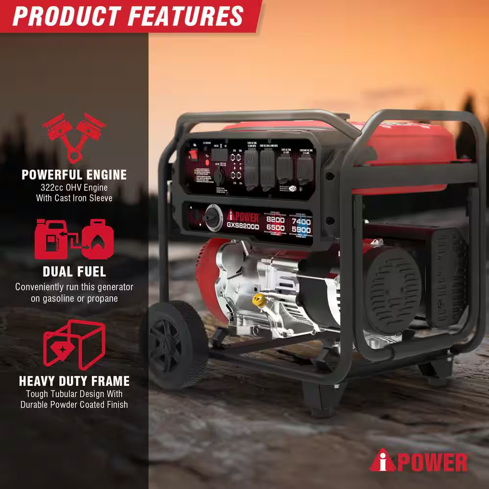 8200-Watt Recoil Start Gasoline Powered Portable Generator with 322Cc OHV Engine and CO Sensor Shutdown