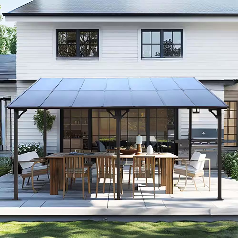 10 Ft. X 14 Ft. Heavy-Duty Wall-Mounted Lean-To Metal Pergola Gazebo with Roof