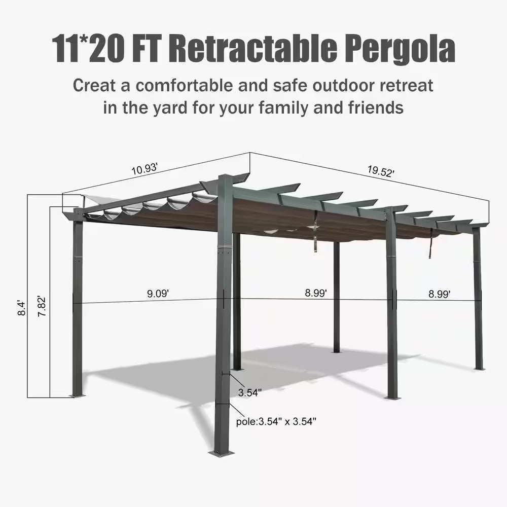 Dark Gray Aluminum Outdoor Retractable Pergola with Canopy 11 Ft. X 20 Ft.