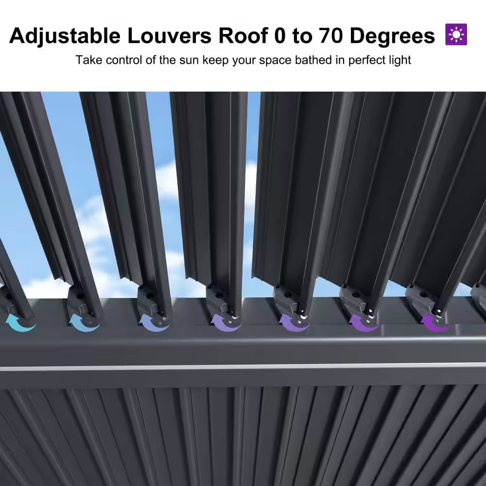 11.7 Ft. X 24.1 Ft. Gray Aluminum Outdoor Louvered Pergola with 4-Individual Adjustable Sunshade Roofs and LED Lights