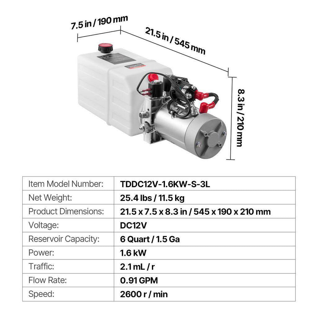 6 Qt. Hydraulic Power Unit, Double Acting Dump Trailer Pump, 3200 PSI Max Relief Pressure and 0.91 GPM Flow Rate, DC 12V