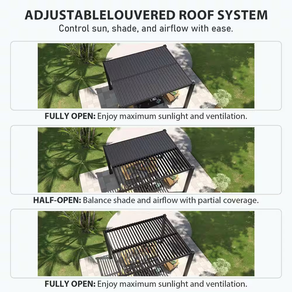 10 Ft. X 12 Ft. Black Metal Pergola with Adjustable Louvered Roof