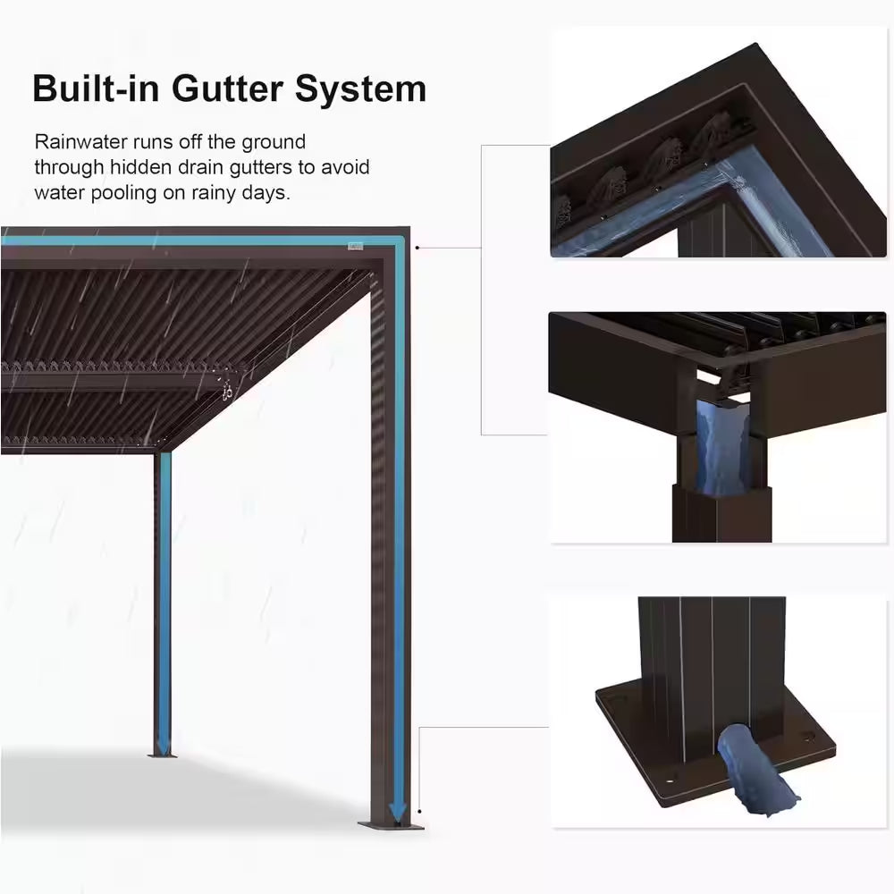 10 Ft. X 12 Ft. Bronze Aluminum Frame Patio Hardtop Louvered Pergola with Adjustable Sunshade Roofs and In-Built Gutter
