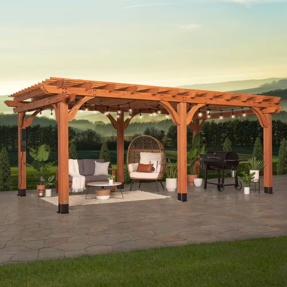 Beaumont 20 Ft. X 12 Ft. Light Brown Traditional Outdoor All Cedar Wood Patio Pergola Shade Structure with Electric