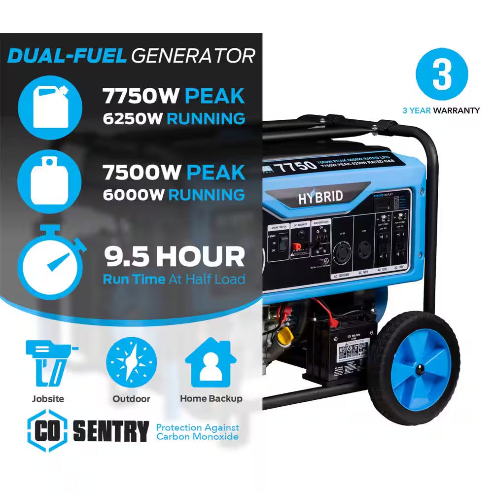 7,750/6,250 -Watt Dual-Fuel Gasoline and Propane with Push to Start Portable Home Power Generator, CO Shutoff