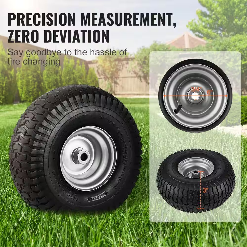 Lawn Mower Tires 15X6-6 in 2-Pack Turf Pneumatic 3 in Centered Hub 3/4 in Bushing 16 Adapters 400 Lb/Wheel