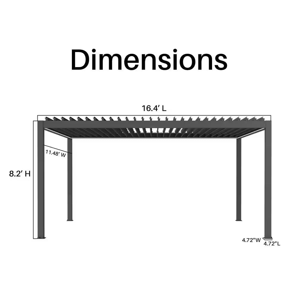 12 Ft. X 16 Ft. Dark Gray Powered Aluminum Louvered Pergola with Adjustable Roof, LED Lights and Rain Sensor