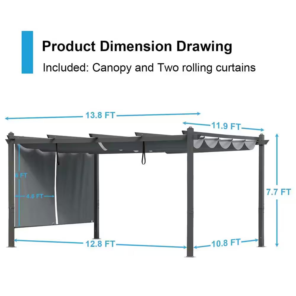 14 Ft. X 12 Ft. Gray Aluminum Frame Patio Pergola with Gray Retractable Shade Top Canopy and 2-Pieces Roller Shade
