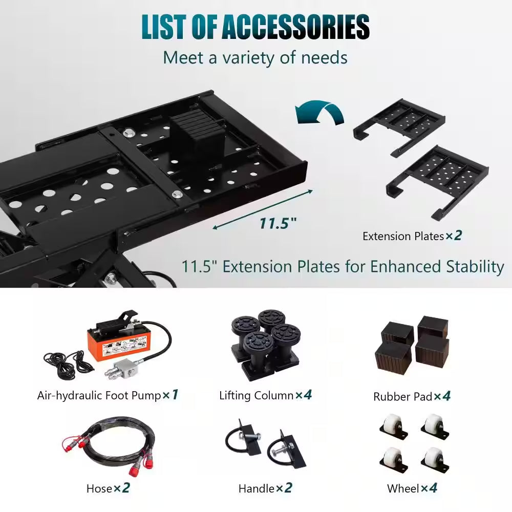 7000LBS Portable Car Lift, Air-Hydraulic Vehicle Lift with 26.8" Max Height, 11.5" Extension Plates, for Sedan, SUV