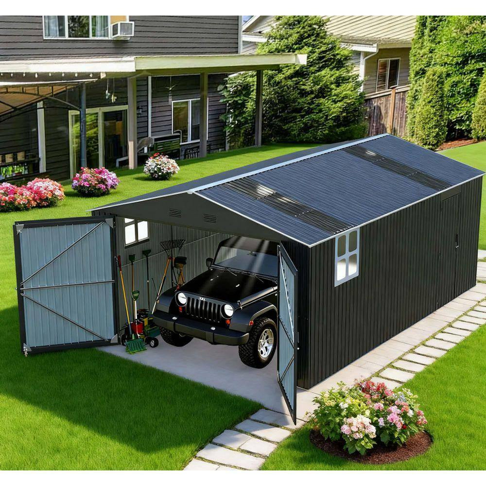 20 Ft. W X 13 Ft. D Outdoor Metal Storage Shed with 2 Windows,2 Translucent Panels for Garden in Dark Gray（260Sq. Ft.）
