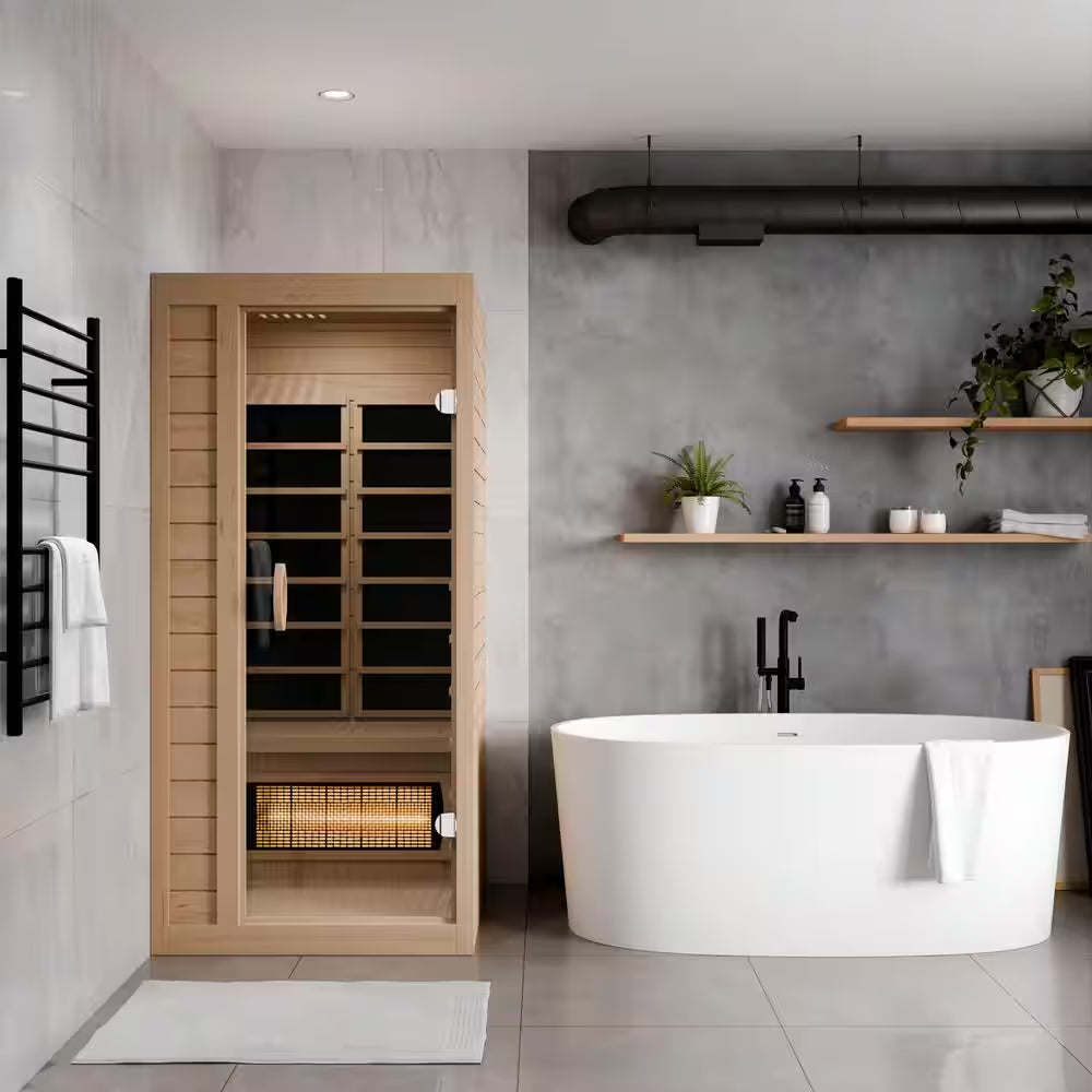 S13HD Series 1-Person Indoor Hemlock Wooden Infrared Saunas with Carbon FAR, LED Touch Control Panel and Heater