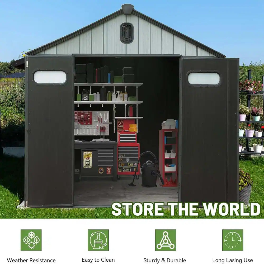 12 Ft. W X 8 Ft. D Outdoor Resin Storage Shed with Lockable Door, Waterproof outside Sheds with Windows for Patio, Grey