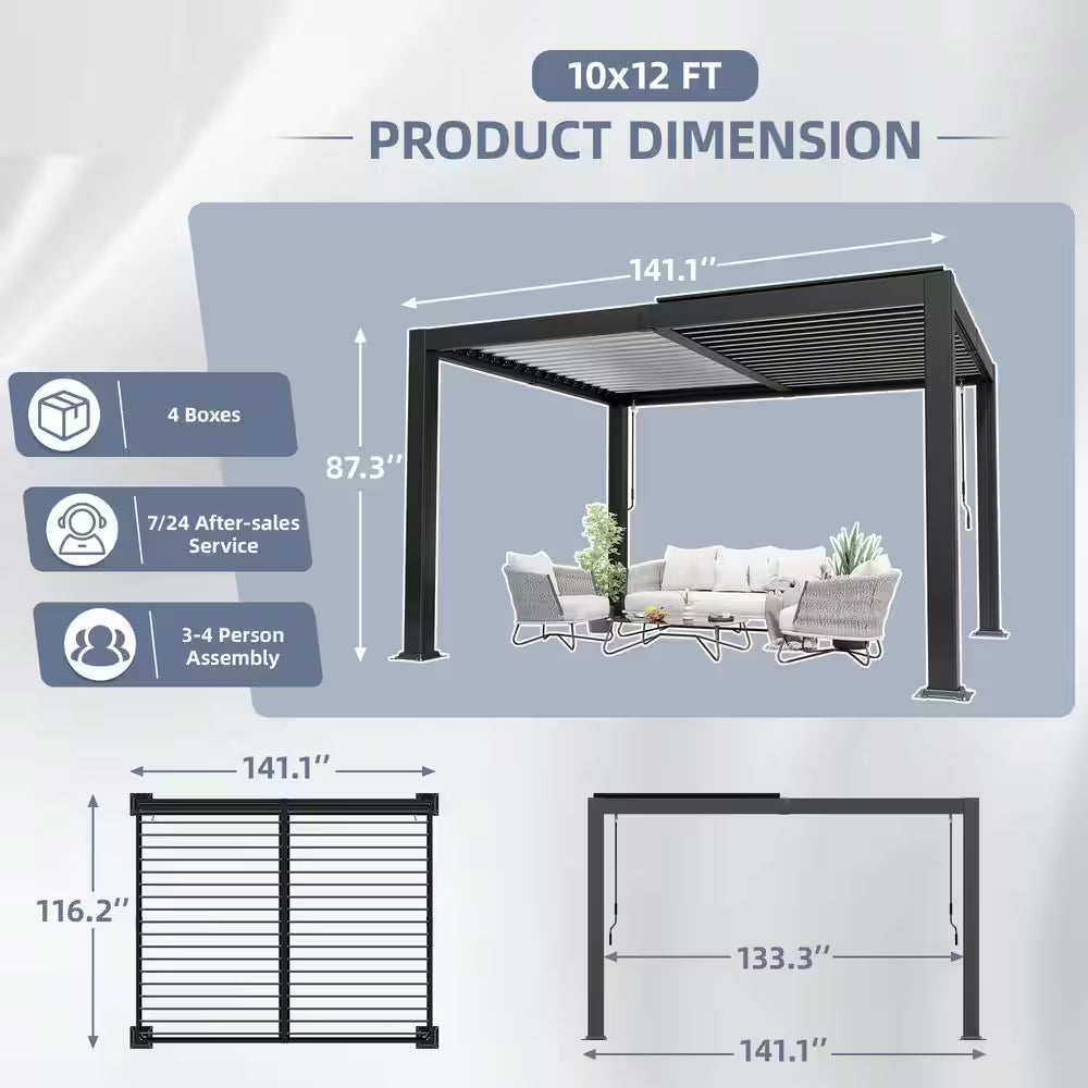 10 Ft. X 12 Ft. Black Aluminum Outdoor Louvered Pergola with Water-Tight Adjustable Roof